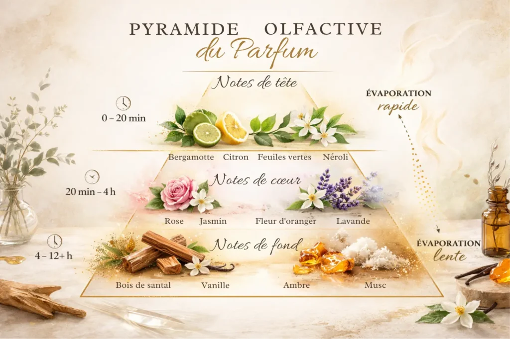 schéma pyramide olfactive notes de tête cœur fond parfum